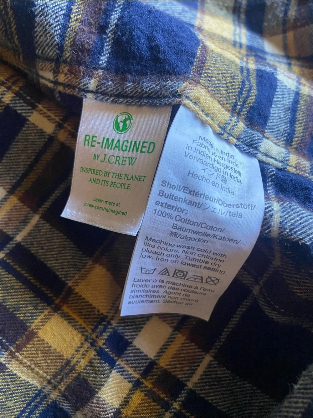 J. Crew Men's Navy and Yellow Plaid Flannel Shirt